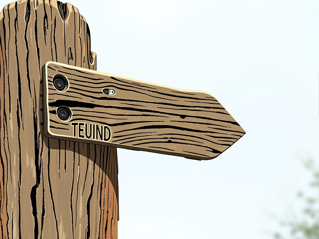 Create a detailed illustration of a wooden signpost with a weathered texture, using a Canon EOS R5 with a 50mm lens at f/8, ISO 100, in natural light, from a slightly elevated angle to capture depth and detail.