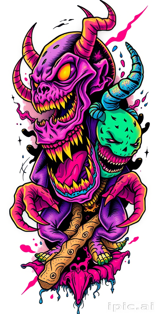 New school tattoo dubbed "Neon Nightmares" portraying exaggerated cartoon-style monsters and creatures in vivid neon colors with bold outlines and dynamic posing