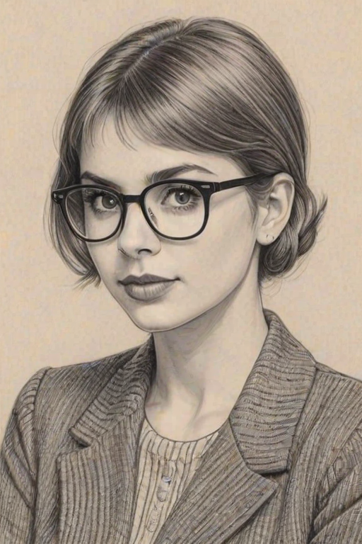 Captivating Sami Gayle, pencil sketch, portrait of Superb woman 1936s in glasses, hair style beatnik, outline, clear lines, fine lines, 8k