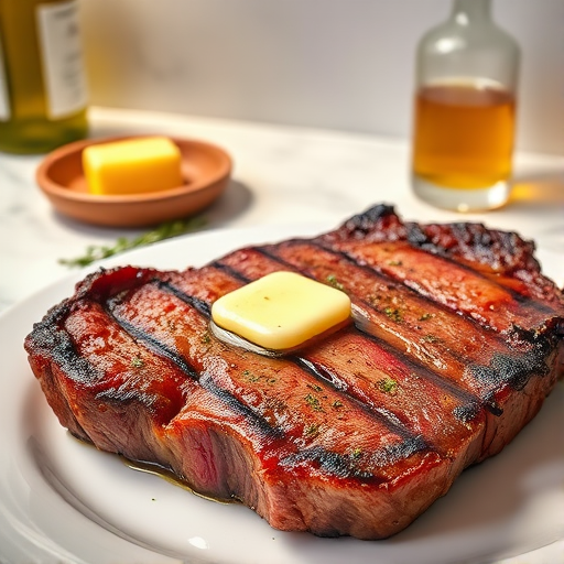 Create an image of a perfectly seared ribeye steak, resting on a white plate with a pat of melting butter on top. The steak is seasoned with fresh herbs like thyme and parsley, with glistening juices highlighting the texture of the meat. The background features a soft focus on a light, marble countertop, with a small dish of butter and an olive oil bottle in the distance. The overall mood should be warm and inviting, capturing the deliciousness and juiciness of the steak.