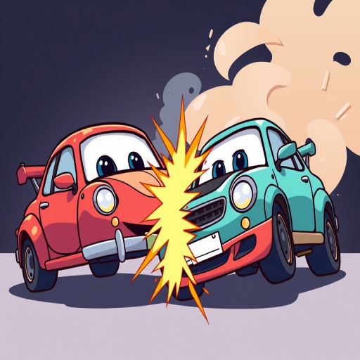 Create a high-resolution vector illustration of two cartoon cars in a collision, using a 50mm lens, aperture f/8, ISO 100, with a frontal view and vibrant colors for enhanced visual appeal.