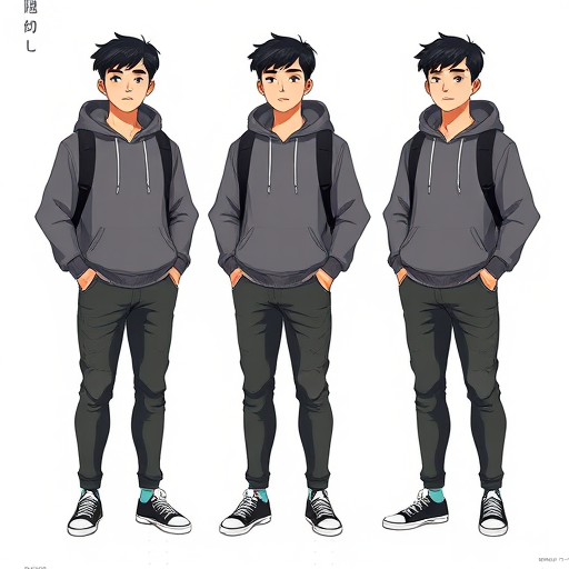 Create a character design of a young man standing in three-quarter, side, and front views, wearing a casual outfit with a hoodie and a backpack, in a minimalist style, captured with a DSLR camera at 50mm focal length, f/1.8 aperture, ISO 100, with soft lighting for enhanced detail and clarity.