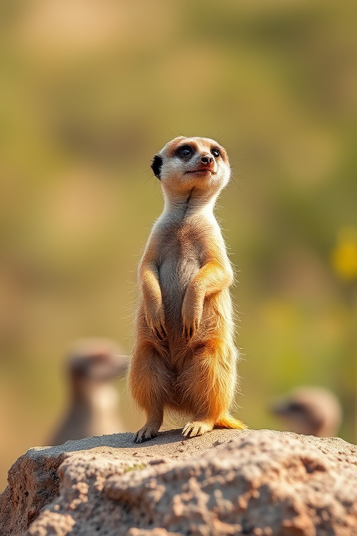 Capture a high-resolution image of a meerkat standing upright on a rock, with a shallow depth of field, using a DSLR camera with a 50mm lens at f/2.8, 1/200 sec shutter speed, ISO 100, natural light, in a lush, blurred background for emphasis on the meerkat's details.