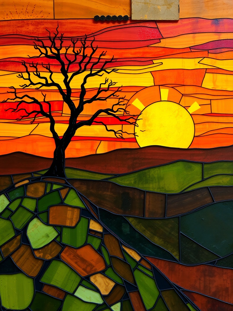 A vibrant abstract painting on Tiffany Glass, blending acrylic and alcohol ink techniques, captures a dramatic sunset over rolling hills. The artwork features a textured, rocky foreground in green and brown, layered abstract hills, and a striking sunset in rich oranges, yellows, and reds. A solitary black tree with intricate branches contrasts against the fiery sky, creating a dynamic and expressive portrayal of a breathtaking natural scene.