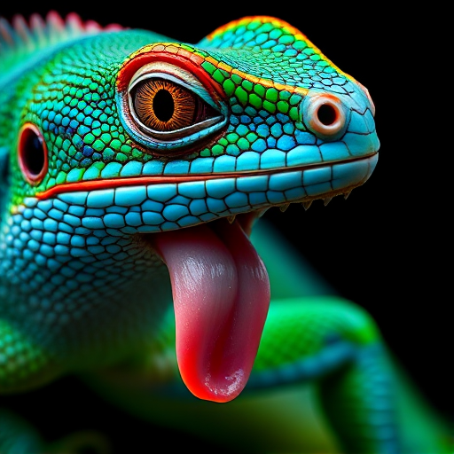 high-resolution close-up of a colorful lizard with vibrant blue and green scales, tongue out, shot with a Canon EOS R5, 85mm lens, aperture f/1.8, shutter speed 1/250 sec, ISO 200, against a black background for dramatic contrast, focus on the eye for detail.