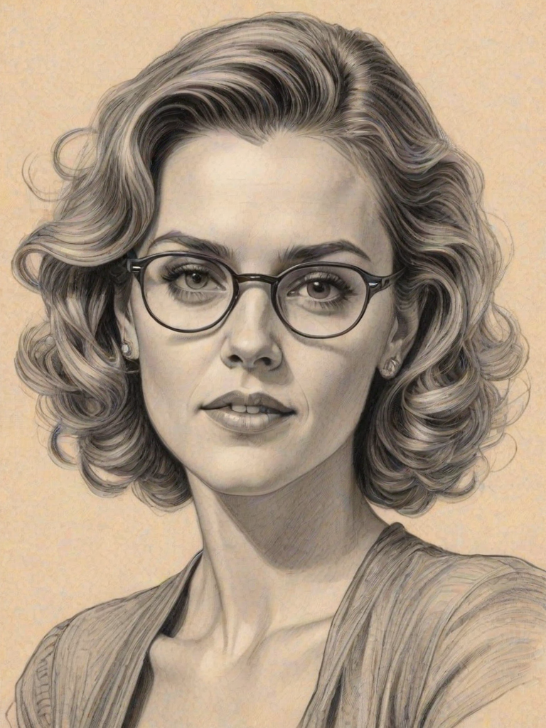Enticing Hilarie Burton, pencil sketch, portrait of Enchanting woman 1939s in glasses, hair style beatnik, outline, clear lines, fine lines, 8k