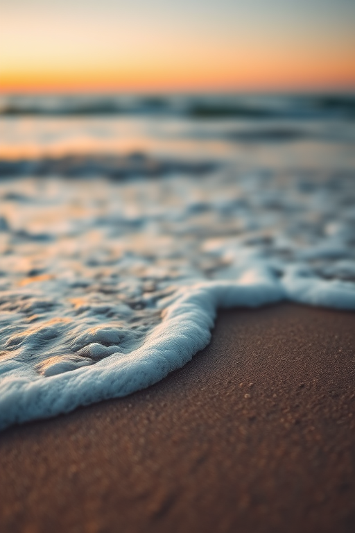 Beach at dawn with gentle waves crashing on the shore, soft focus background, captured with a DSLR camera, f/8 aperture, ISO 100, 24mm focal length, low-angle view for depth.