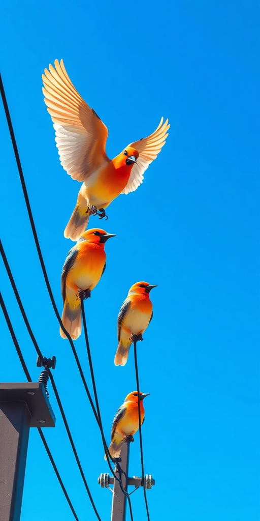 A vibrant illustration of four birds on power lines against a bright blue sky, incorporating a wide-angle lens to capture the scene with high saturation, f/8 aperture for sharp depth of field, ISO 100 for minimal noise, and a digital mirrorless camera for enhanced clarity and detail.