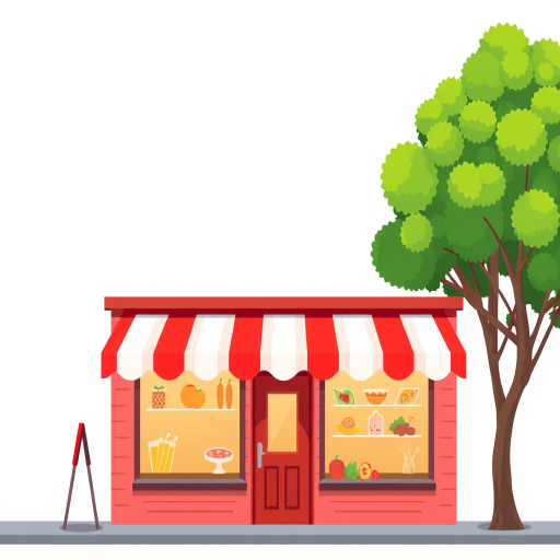 illustration of a small shop with red and white striped awning, two windows displaying food items, a green tree beside it, flat design style, high resolution, aperture f/8, ISO 100, 24mm lens, taken from eye level, DSLR camera