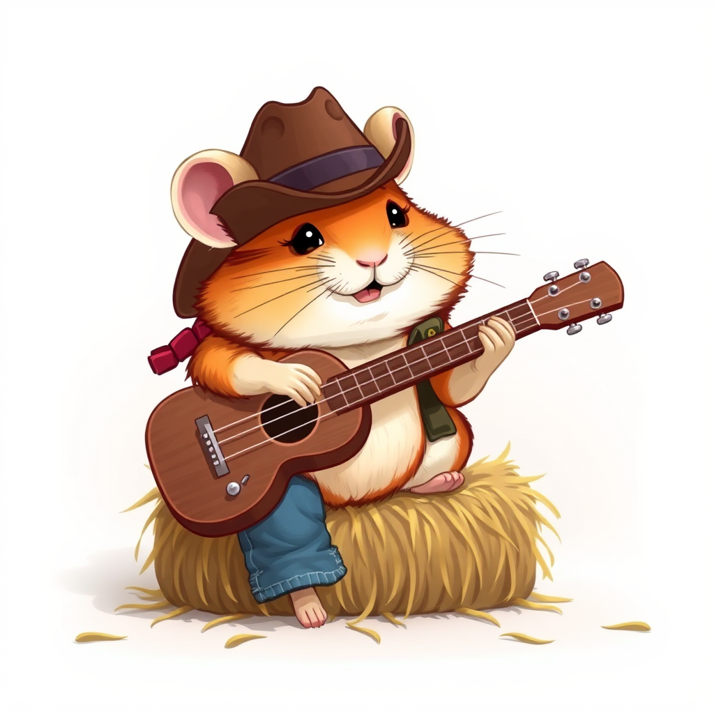 A chibi hamster, dressed as a cowboy, playing guitar, sitting on a hay bale