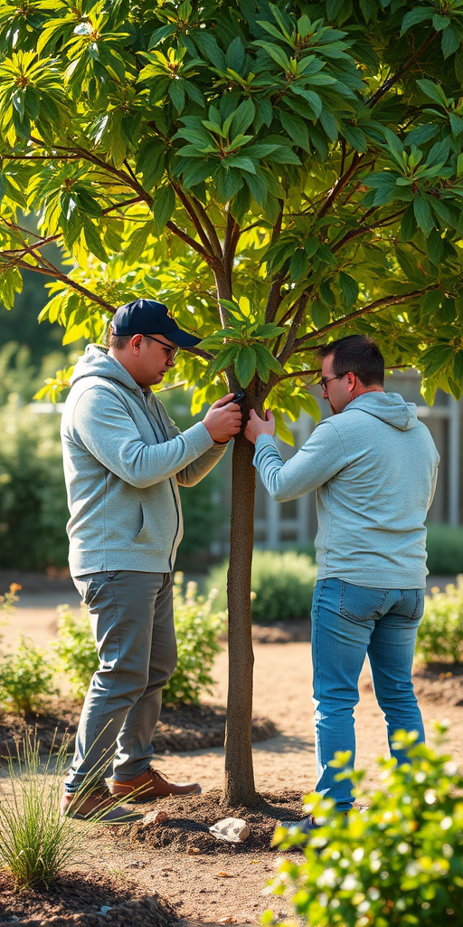 Create a digital illustration of two people pruning a tree in a garden, emphasizing their teamwork and the lush foliage, captured in a high-resolution, 85mm lens with a shallow depth of field to enhance the background details, using a soft natural light setting to create a warm atmosphere.