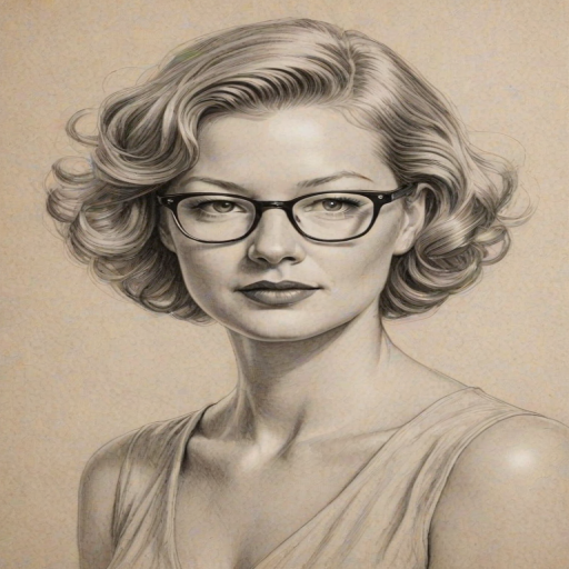Fetching Gretchen Mol, pencil sketch, portrait of Captivating woman 1931s in glasses, hair style beatnik, outline, clear lines, fine lines, 8k