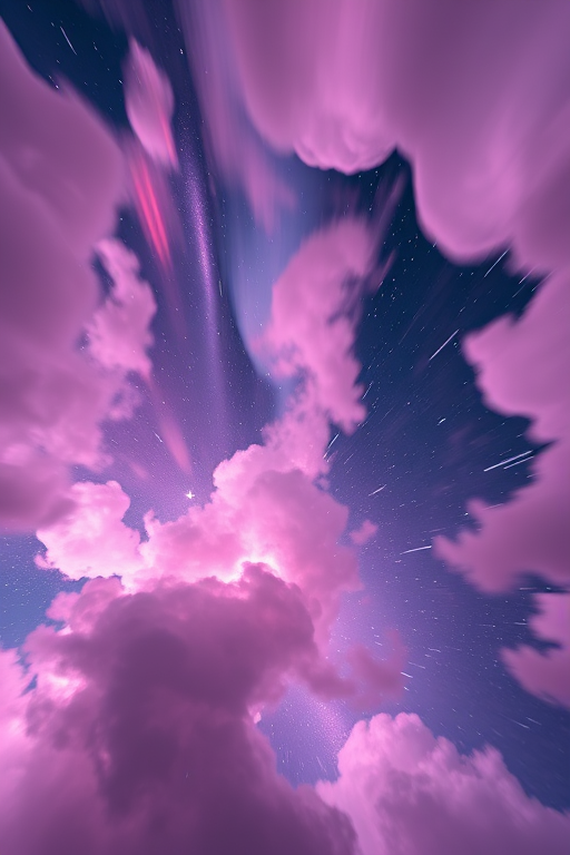 Create a vibrant cosmic scene featuring swirling clouds of pink, purple, and white with streaks of light resembling shooting stars, captured with a DSLR camera using a 24mm lens at f/11, ISO 100, with a long exposure of 10 seconds, in a wide-angle view for depth and clarity.