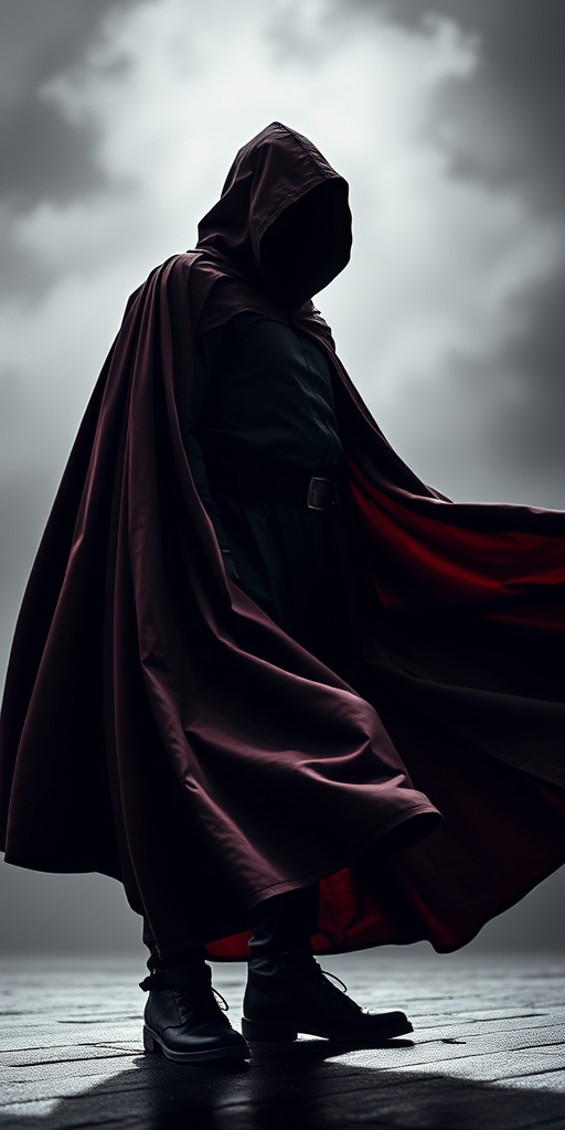 Generate a high-resolution image of a cloaked figure standing with a flowing cape, shot in a dramatic low-angle view, using a DSLR camera set to f/2.8 aperture, ISO 100, and 1/250 shutter speed.