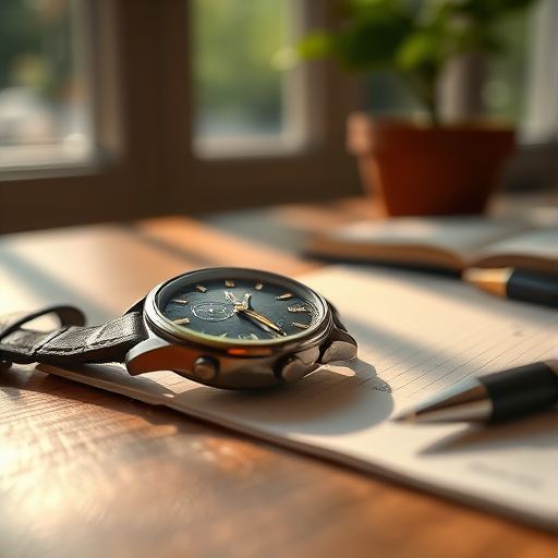 Close-up of a vintage wristwatch lying on a wooden table, soft natural light from a nearby window casting delicate shadows on the surface, with an open journal and pen beside it.