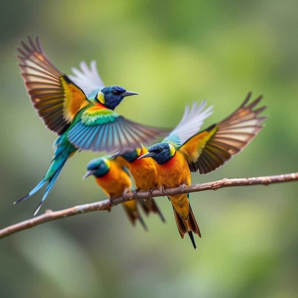 capture a dynamic scene of colorful birds in mid-flight on a branch, use a DSLR camera with a 300mm lens, set aperture to f/5.6, ISO 400, shutter speed 1/1000s, shoot in raw format for enhanced quality, focus on the details of their feathers, use a shallow depth of field to blur the background.