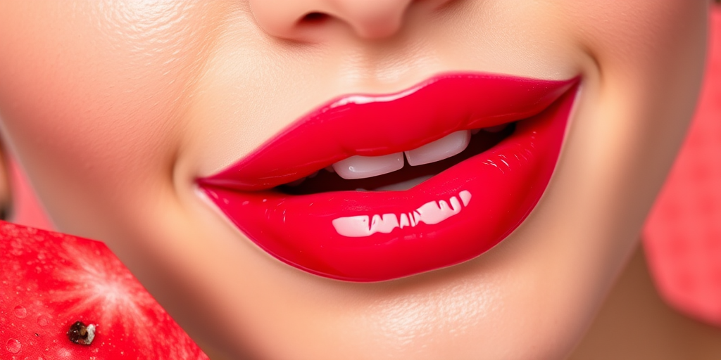 Juicy Watermelon Splash lip style features a sheer, glossy red-pink hue that gives the appearance of freshly bitten lips, perfect for youthful and playful looks