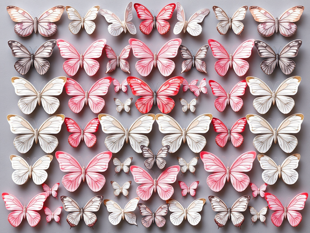 Generate an image featuring a symmetrical arrangement of butterflies. Include various styles of butterflies with a focus on soft pink and gray colors. The layout should have a grid pattern with multiple rows and columns, ensuring a balanced and harmonious design.