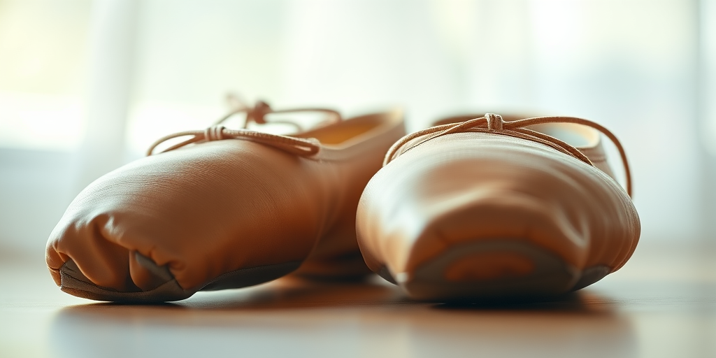Create a detailed image of a pair of ballet shoes with a focus on intricate stitching and texture, using a DSLR camera with a 50mm lens, f/1.8 aperture, 1/200 shutter speed, and soft natural lighting for enhanced clarity and depth.