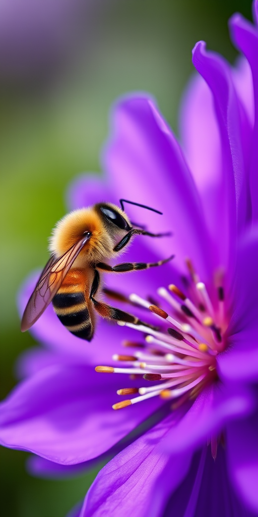 macro photograph of a bee on a vibrant purple flower with detailed focus on the bee, f-stop 2.8, shutter speed 1/250, ISO 100, 100mm lens, natural light, shallow depth of field, DSLR camera
