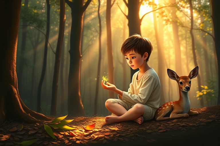 A luminous digital painting of a serene forest scene featuring a barefoot young boy, about 7 years old, with brown hair and fair skin, dressed in a simple white outfit. He sits cross-legged on the forest floor, gazing at a small, glowing, magical firefly in his hand. Beside him, a delicate spotted deer lies calmly on a bed of dried leaves, observing the scene. The dense forest is bathed in warm, golden light filtering through the trees, creating a peaceful, magical atmosphere with a blend of natural and mystical elements.