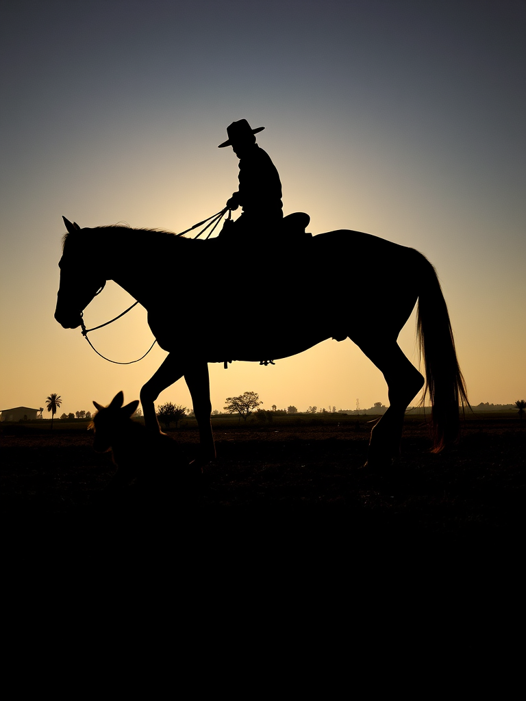 Generate a high-resolution image depicting a silhouette of a person walking a horse with a smaller animal nearby, shot with a DSLR camera at f/2.8, shutter speed 1/500s, ISO 200, using a wide-angle lens at a low angle for dramatic effect.