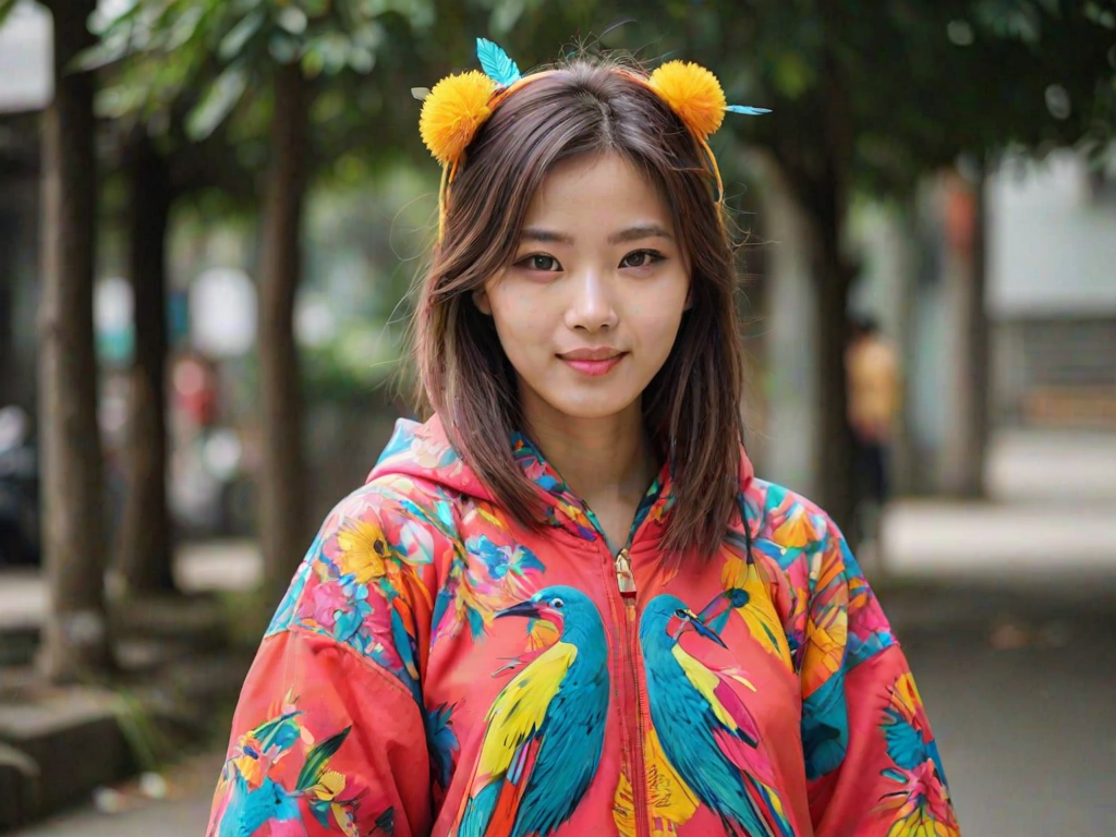 A beautiful Taiwanese girl, wearing colorful bird clothing with vibrant colors