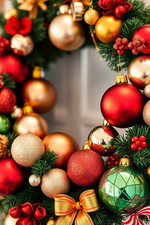 Create a detailed and vibrant Christmas wreath image featuring various ornaments in red, gold, silver, and green colors, using a DSLR camera with a 50mm lens at f/2.8, shot from a slightly elevated angle, with warm lighting to enhance the festive atmosphere and a shallow depth of field to blur the background slightly.