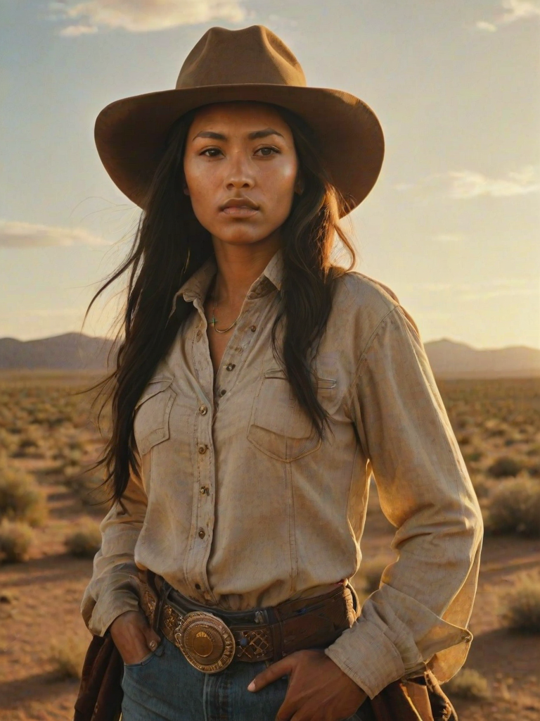 Dramatic photo of a beautiful Kikuyu woman, classic cowboy attire, confident and free spirit expression, half-length portrait, centered, golden hour desert landscape, warm, diffused light, low angle, medium format film camera, in style of Annie Leibovitz.