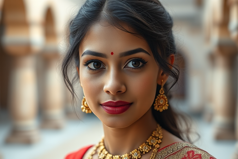 Generate a portrait of a young woman with captivating eyes, wearing traditional attire and intricate jewelry, set against a softly blurred architectural background, using a Canon EOS R5, aperture f/1.8, ISO 100, and a 50mm lens for a shallow depth of field and enhanced detail.