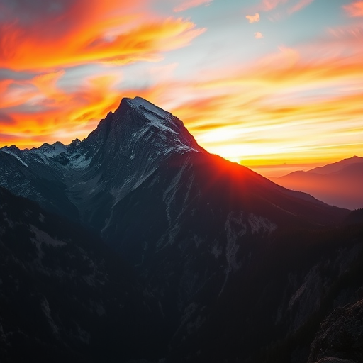 Create an image of a majestic mountain landscape at sunset with vibrant colors, using a Canon EOS R5, 24mm lens, f/8 aperture, ISO 100, shot at golden hour with a wide-angle view, emphasizing the depth and detail of the scenery.