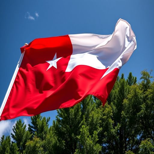 Create an image of the flag of Chile, with vibrant colors and sharp details, using a Canon EOS R5 camera, 50mm lens, f/8 aperture, ISO 100, natural lighting, and a slight overhead angle for a dynamic view.
