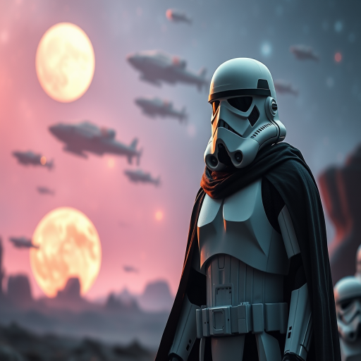 A sci-fi scene featuring a stormtrooper in a cape against a cosmic backdrop with spaceships and a glowing sphere, shot with a DSLR camera at f/2.8, ISO 200, 50mm lens, focused on the foreground, with soft bokeh for enhanced depth of field.