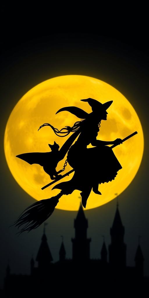 A silhouette of a witch flying on a broomstick with a cat against a large yellow moon behind a dark castle, captured with a Canon EOS R5, aperture f/8, ISO 100, 24mm lens, top-down perspective, high dynamic range.
