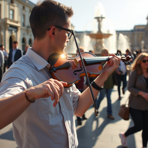 Clear, high-resolution shot of a street performer playing violin in a busy plaza, sunlight glinting off the instrument, people walking by, some stopping to listen, a fountain in the background, the sound of the violin filling the air.