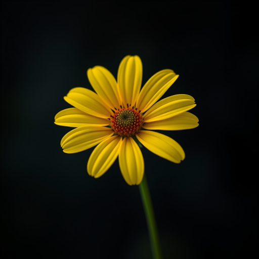 Create a vibrant yellow flower on a dark background, with a shallow depth of field, use a Canon EOS 5D Mark IV, f/2.8 aperture, 50mm lens, ISO 100, and natural light to enhance image quality.