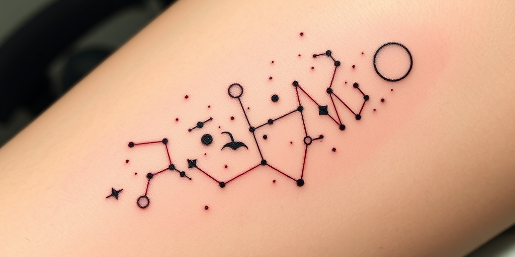 Minimalist single needle "Celestial Cartography" tattoo artwork portraying constellations galaxies and cosmic bodies using tiny precise dots and thin lines to create a subtle yet captivating star map on the skin