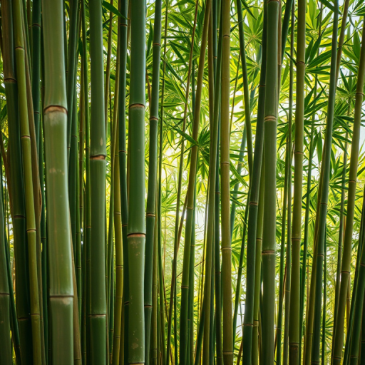 Generate a detailed illustration of bamboo in a natural setting, use a DSLR camera at f/2.8 aperture, ISO 100, 50mm lens, natural light, high dynamic range editing.