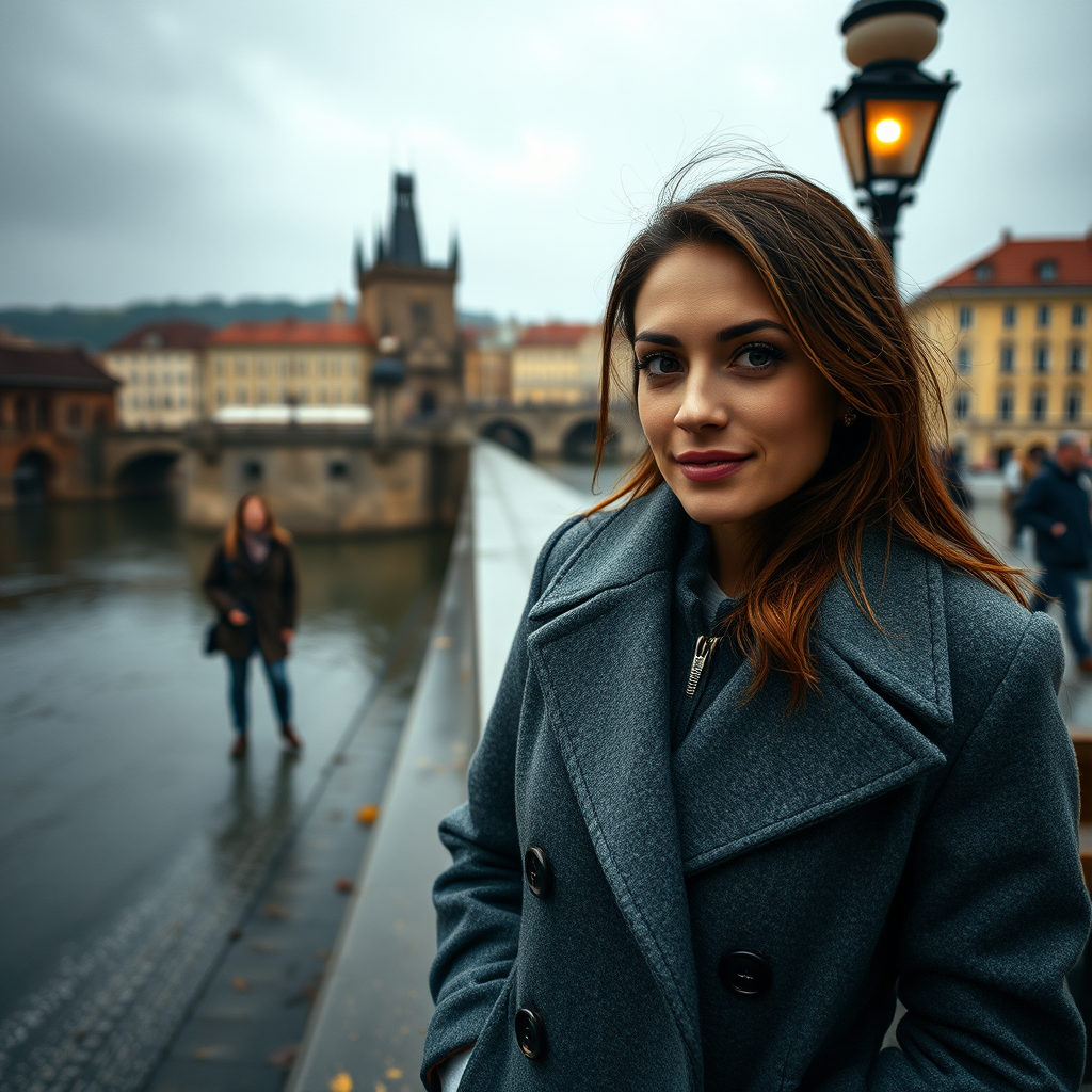 cinematic photo from above, waist up shot, sharp focus, a beautiful woman in foreground, in Prague, at the Charles Bridge, river in background, overcast rainy day, wearing long grey wool coat, warm rich color palette