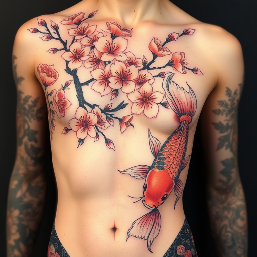 Elegant floral body tattoo wrapping around the torso, showcasing delicate cherry blossoms and koi fish in traditional Japanese irezumi style with bold black outlines and soft pastel colors