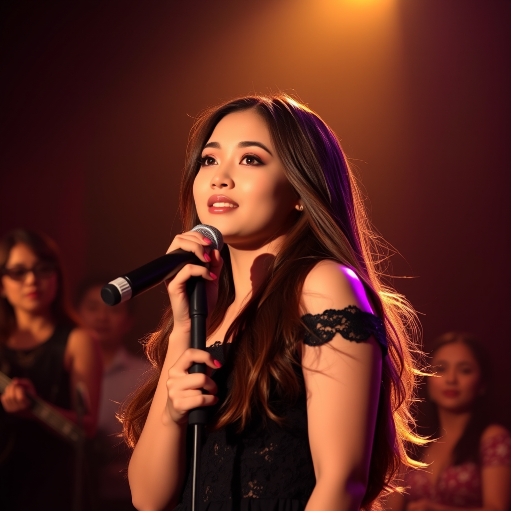 A young filipina woman with long, flowing brown hair is standing in the center of the frame, holding a microphone in her right hand, and looking slightly off to the right side of the frame. She is wearing a black, off-the-shoulder dress with delicate lace detailing. The lighting is warm and dramatic, creating a spotlight effect on the singer. There are other figures in the background, blurred and out of focus, suggesting a concert or performance setting. The camera angle is low, capturing the woman from the waist up. The overall atmosphere is intimate and captivating.