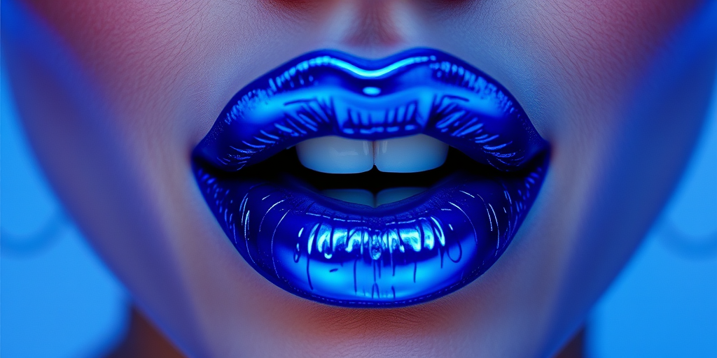 Electric blue lips with a metallic finish, bold and eye-catching, perfect for a futuristic or cyberpunk-inspired fashion editorial