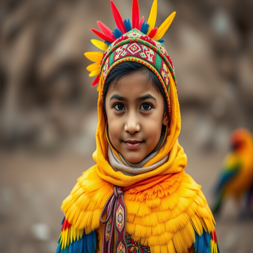 A beautiful Aymara girl, wearing colorful bird clothing with vibrant colors