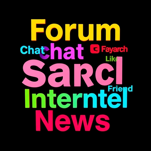 Create an illustration with the words "Forum," "Chat," "Format," "Share," "Search," "Like," "Social," "Internet," "Friend," "Follow," and "News" in vibrant colors on a solid black background, using a DSLR camera with a 50mm lens, f/1.8 aperture, ISO 100, and a shallow depth of field to create a striking and high-quality image with a clear focus on the text.