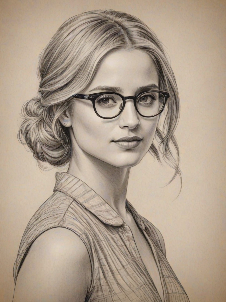 Comely Dianna Agron, pencil sketch, portrait of Beauteous woman 1922s in glasses, hair style beatnik, outline, clear lines, fine lines, 8k