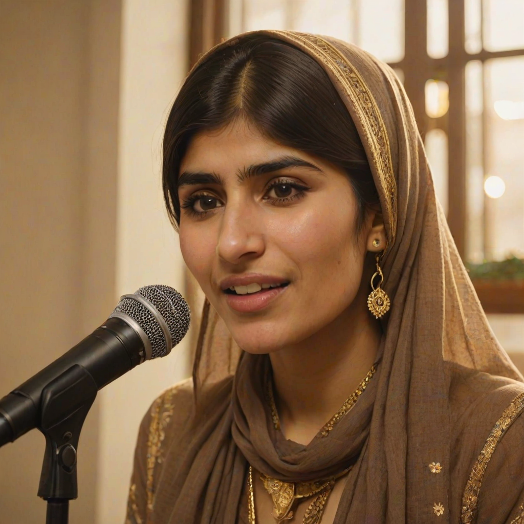 A close-up portrait of a mia khalifa with her eyes closed, singing into a microphone, positioned on the right side of the frame, facing the viewer. She is wearing a brown headscarf, gold earrings, and a brown blouse, and is bathed in warm, golden light emanating from the windows behind her. A blurred figure of a man singing into a microphone is visible in the background. The scene has a sense of calm and spirituality.