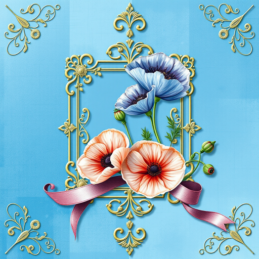a Beautiful filigree gold and light blue patchwork background with in it a square block with blue grunge background, on the site an amazing Himalayan blue poppies flowers, petals, ribbon, watercolor effect