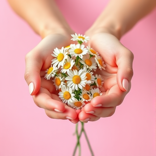 Close-up shot of two hands holding delicate white daisies against a soft pink background, using a DSLR camera with a 50mm lens, aperture f/2.8, ISO 100, natural light for soft shadows.