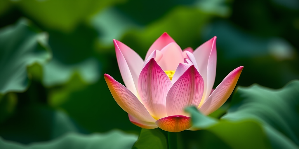 Close-up shot of a lotus flower in full bloom surrounded by green leaves, shallow depth of field, f/2.8 aperture, 50mm lens, natural lighting, DSLR camera, focus on the flower with a soft bokeh background.