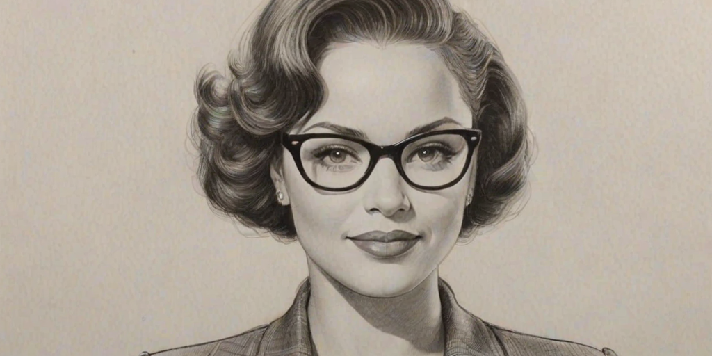 Lovely Tammy Townsend, pencil sketch, portrait of Radiant woman 1950s in glasses, hair style beatnik, outline, clear lines, fine lines, 8k